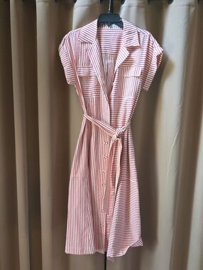 Striped Midi Shirt Dress By Brave+True with Belt — Red & White